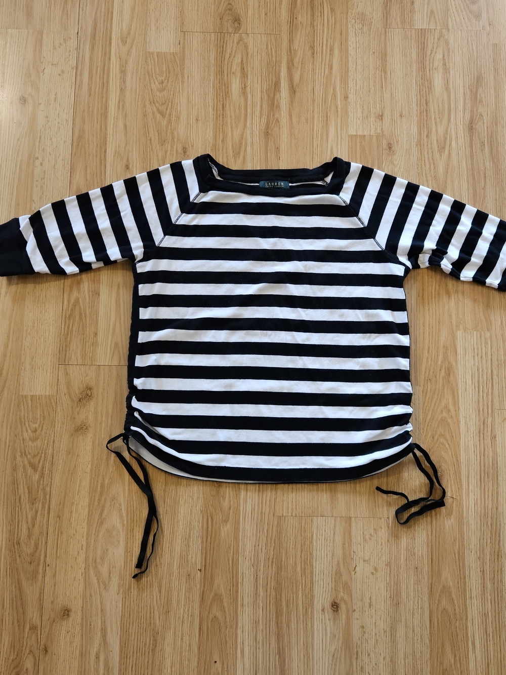 Lauren Ralph Lauren Black and White Striped 3/4 Sleeve Tee with Side Ties Sz 1X